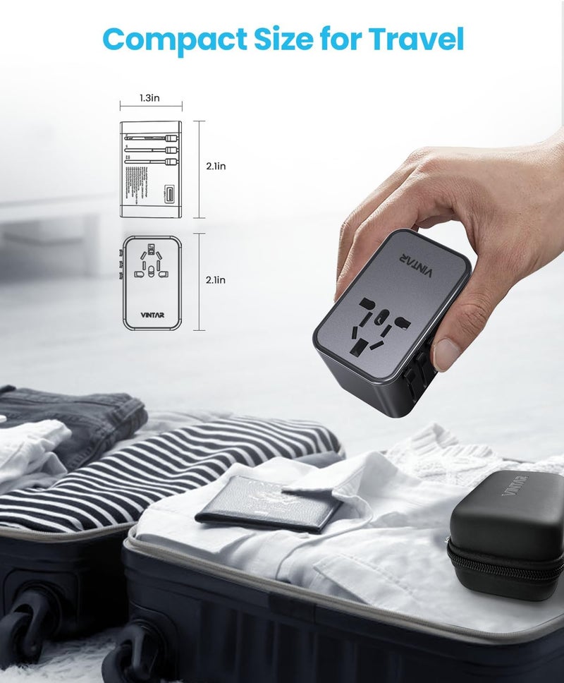 VINTAR محول سفر عالمي، محول طاقة دولي 75 واط GaN مع 3 منافذ USB-C PD و 2 منافذ USB-A QC، شاحن جداري محول شامل لأوروبا والمملكة المتحدة والولايات المتحدة وأستراليا (نوع C/G/A/I)، رمادي - Image 5